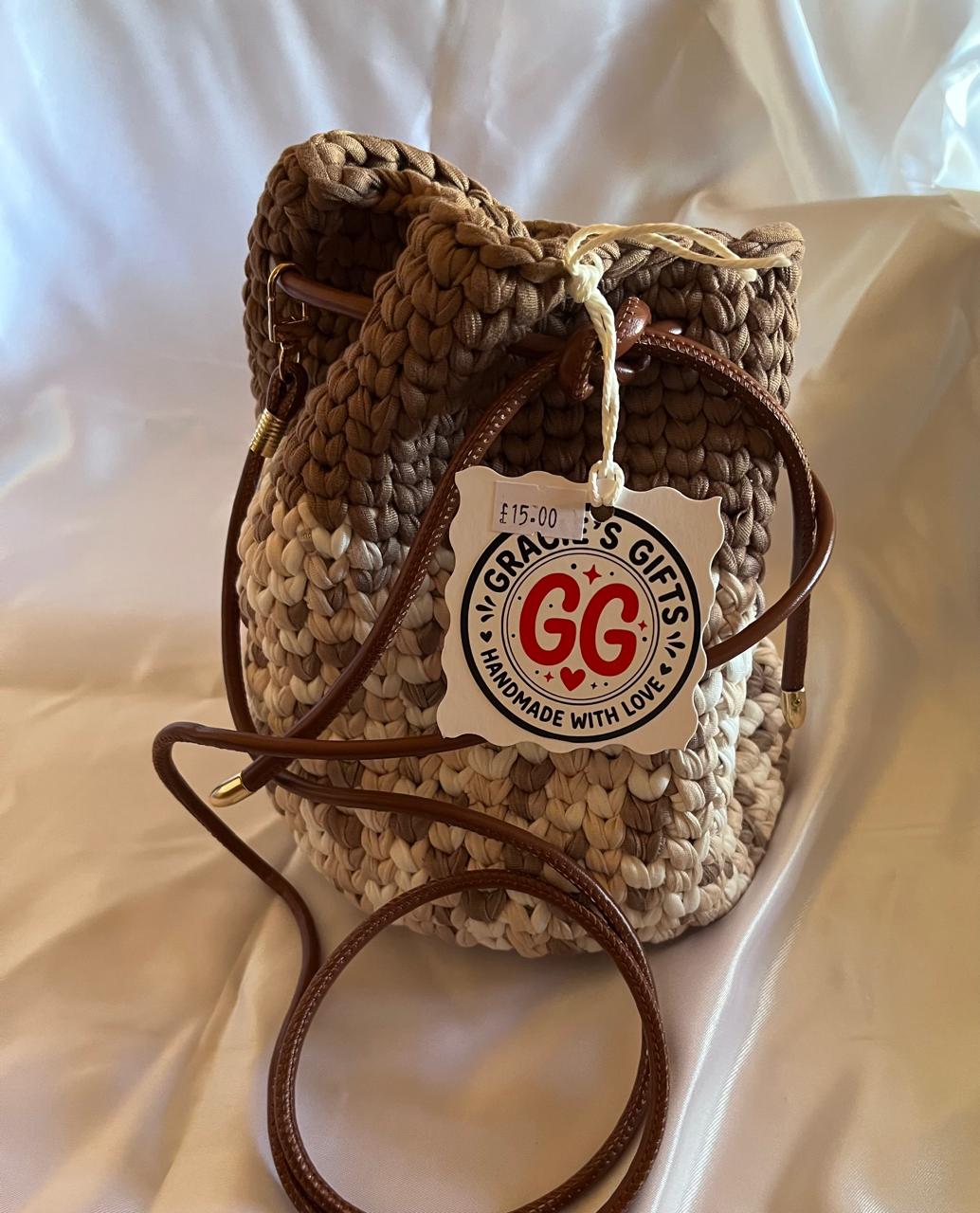 Brown drawstring crochet bag