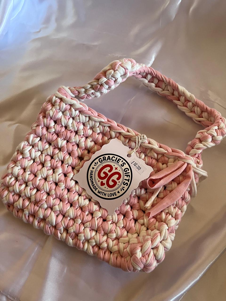Pink and white crochet bag