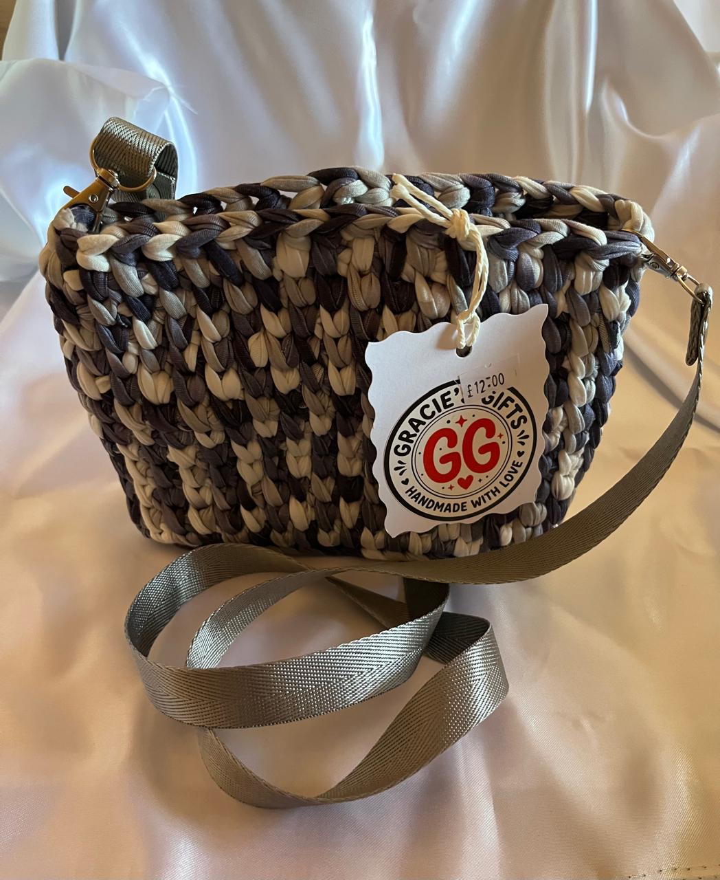 Blue and grey crochet bag