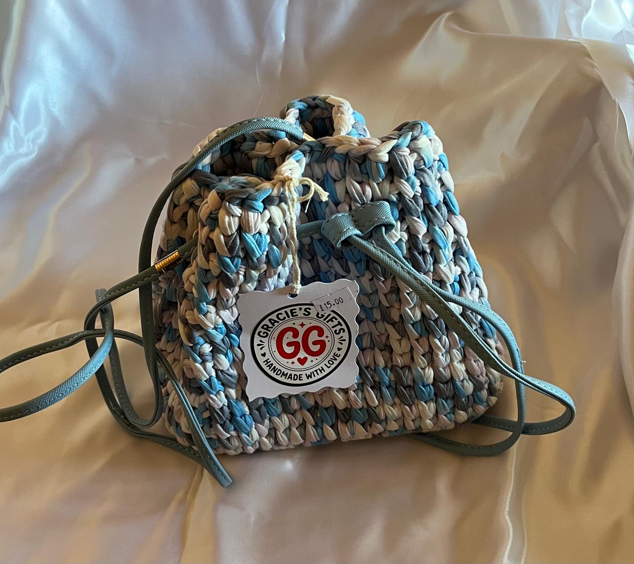 Blue drawstring crochet bag