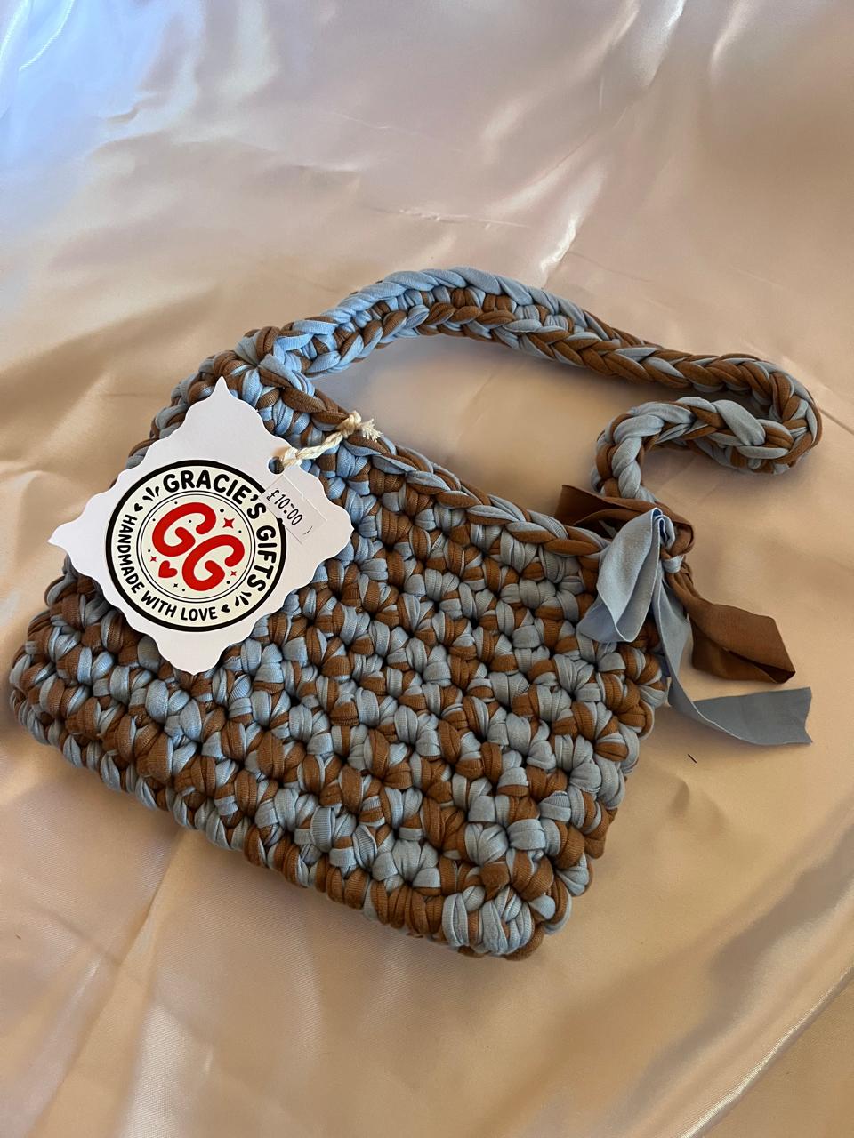 Blue and brown crochet bag