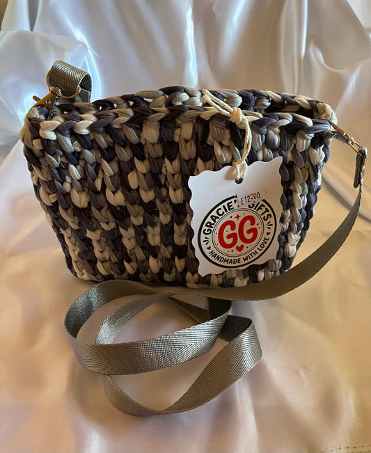 Blue and grey crochet bag