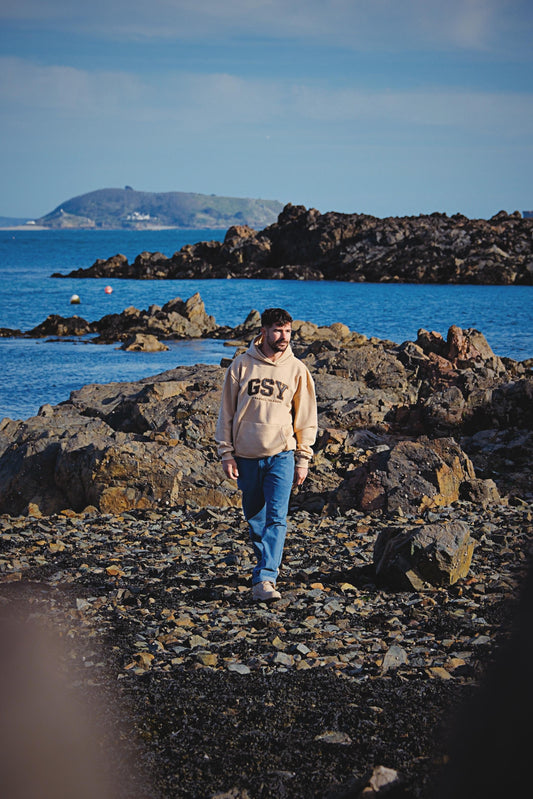 Guernsey Hood – Brown Faux Leather Appliqué, Black Stitch Edition